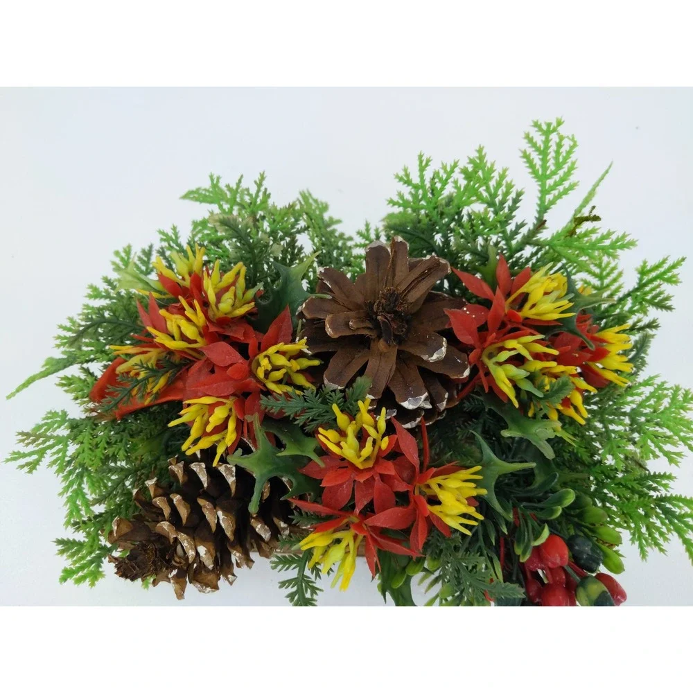 vtg‎ Rustic Wooden Log Box Plastic Floral Poinsettia Pinecone Centerpiece Xmas